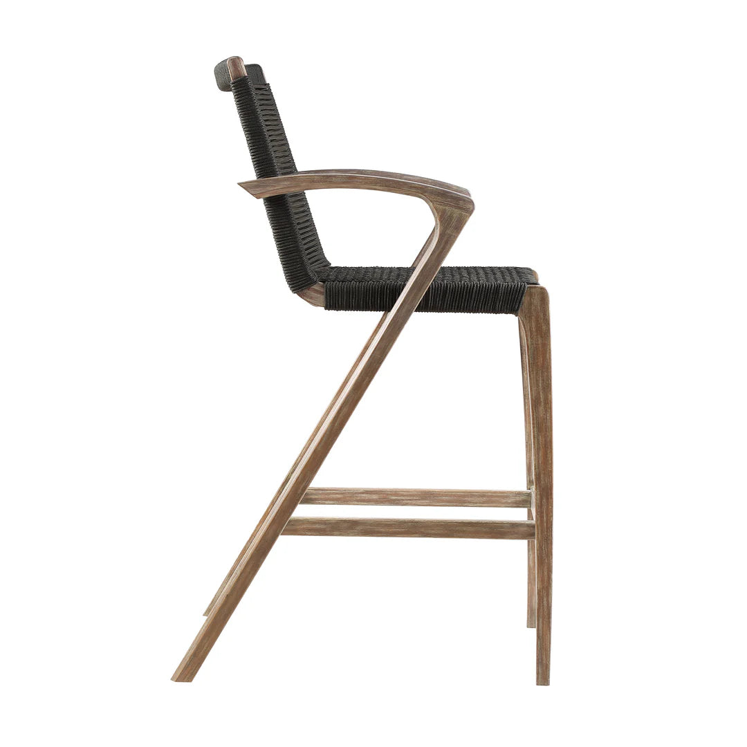 Brielle Outdoor Counter Stool  in Light Eucalyptus Wood and Charcoal Rope