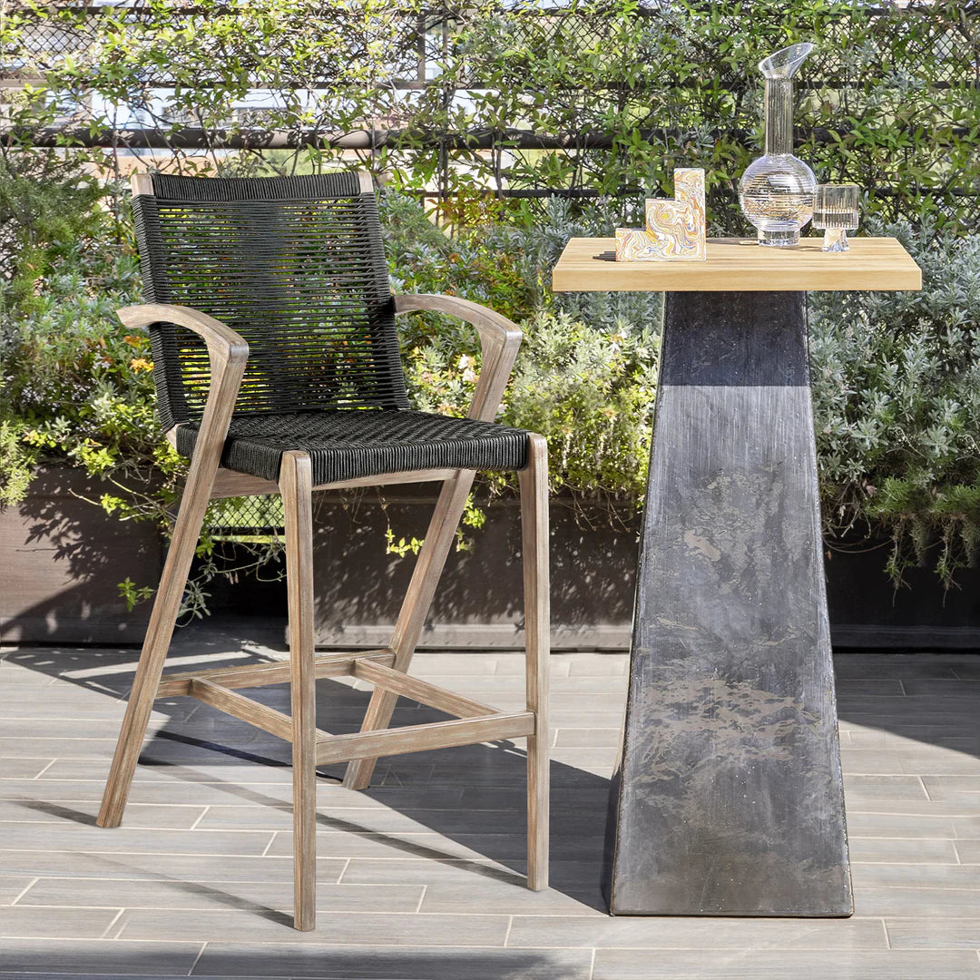 Brielle Outdoor Barstool in  Light Eucalyptus Wood and Charcoal Rope