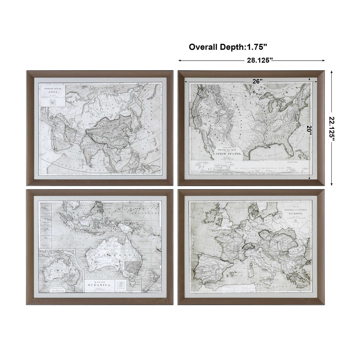 World Maps Framed Print, Set of 4