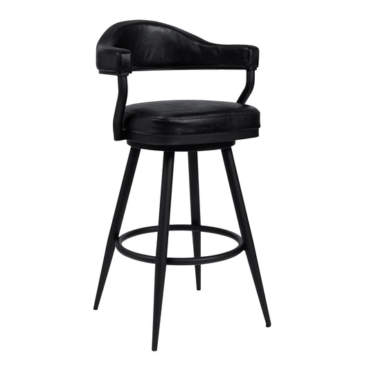 Justin Bar Stool in a Black Powder Coated Finish and Vintage Black Faux Leather