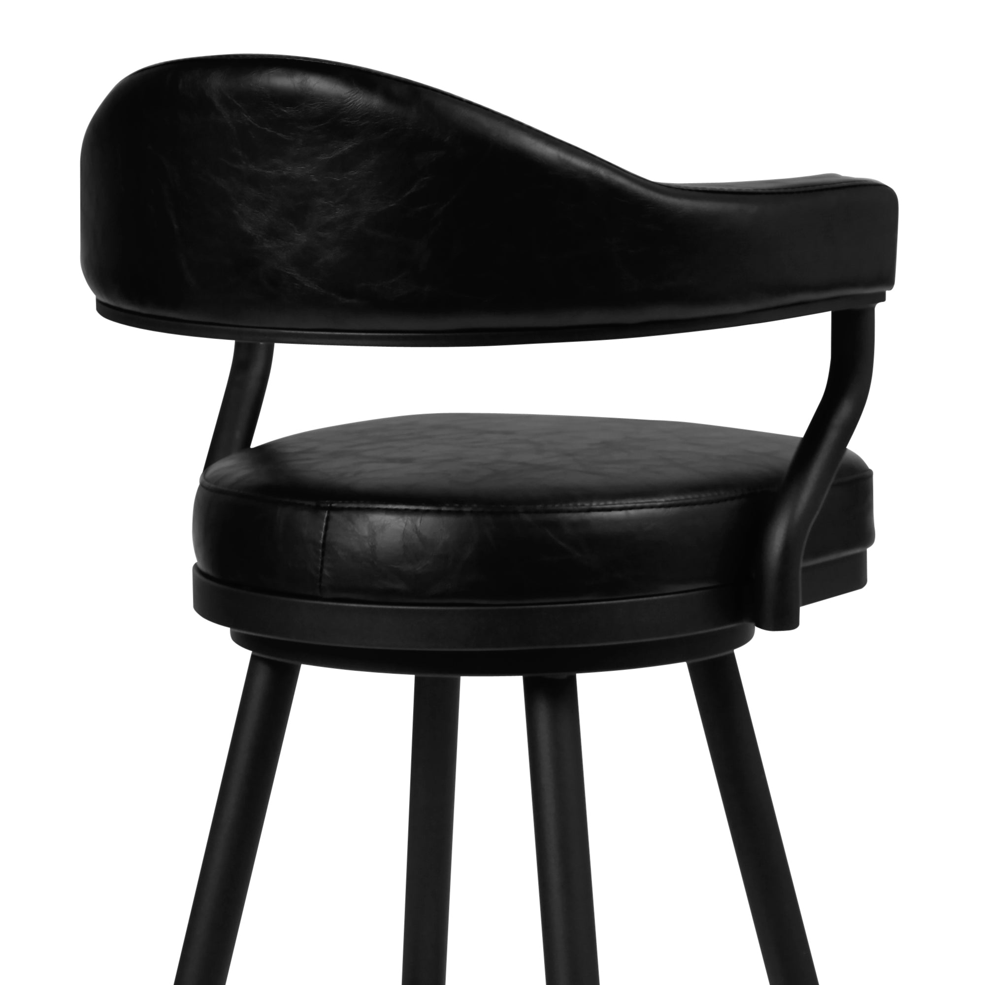 Justin Counter Stool or Barstool in a Black Powder Coated Finish and Vintage Black Faux Leather