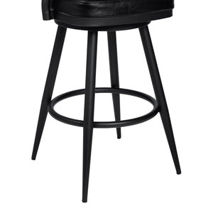 Justin Counter Stool or Barstool in a Black Powder Coated Finish and Vintage Black Faux Leather