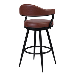 Justin Counter Stool or Barstool in a Black Powder Coated Finish and Vintage Coffee Faux Leather