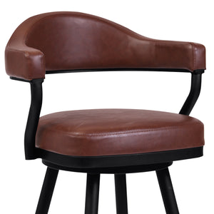 Justin Counter Stool or Barstool in a Black Powder Coated Finish and Vintage Coffee Faux Leather