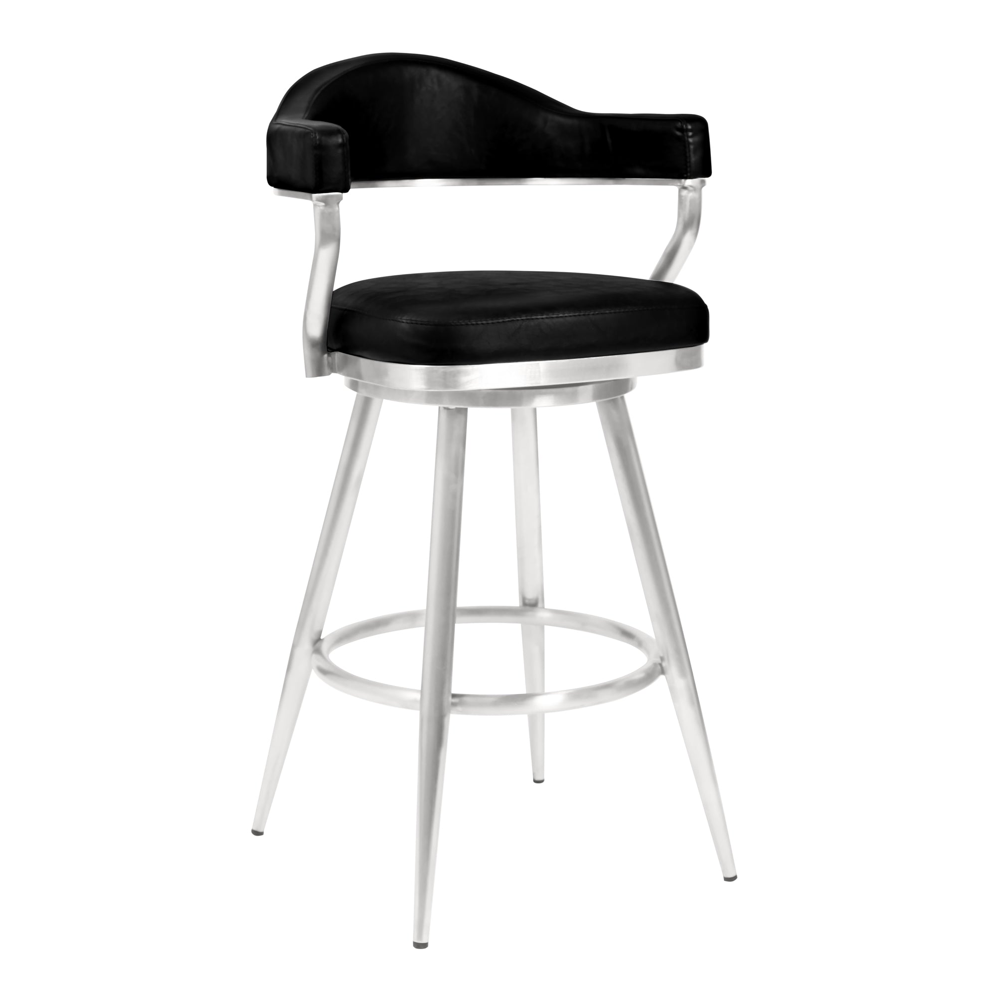 Justin Counter Stool or Barstool in Brushed Stainless Steel and Vintage Black Faux Leather