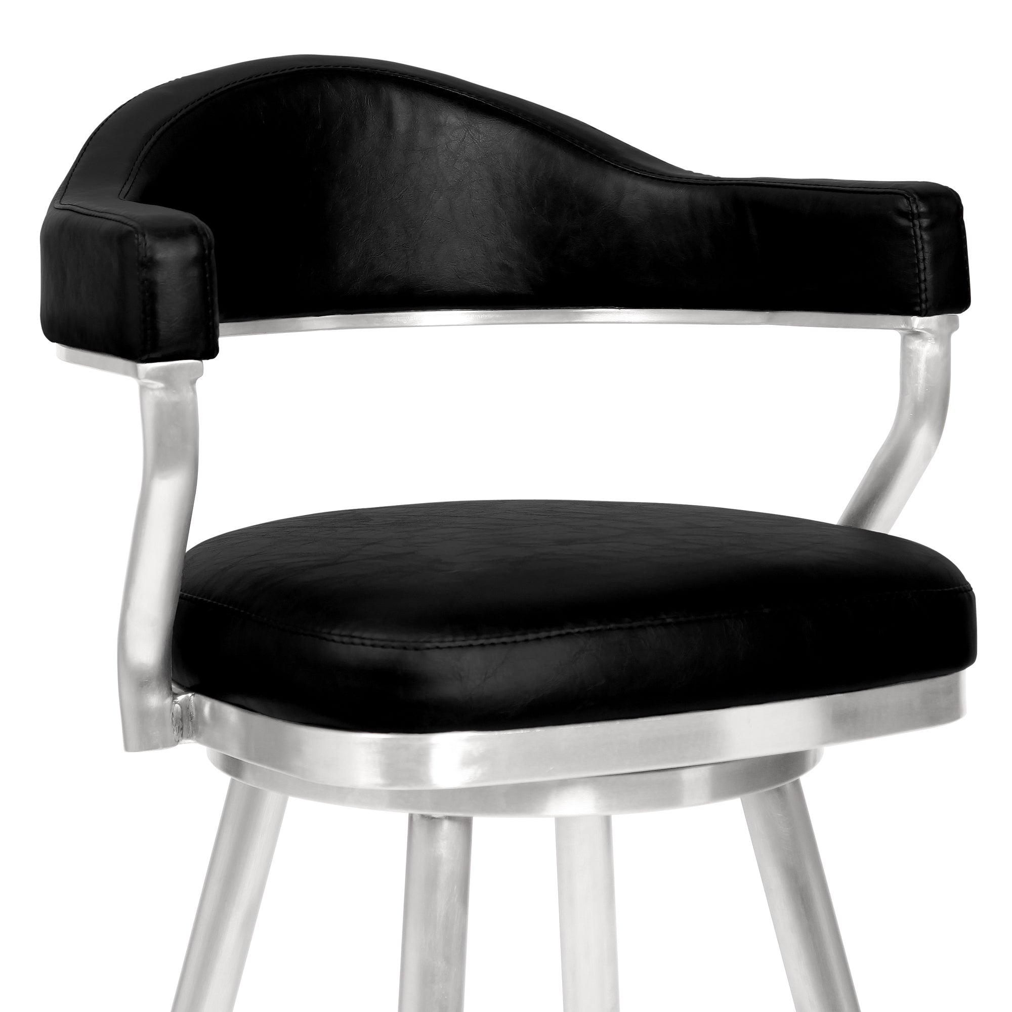 Justin Counter Stool or Barstool in Brushed Stainless Steel and Vintage Black Faux Leather
