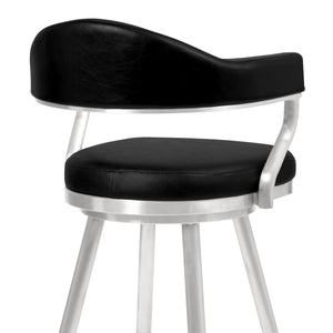 Justin Counter Stool or Barstool in Brushed Stainless Steel and Vintage Black Faux Leather