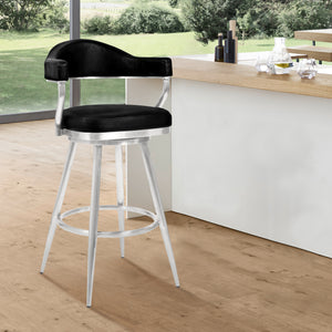 Justin Counter Stool or Barstool in Brushed Stainless Steel and Vintage Black Faux Leather