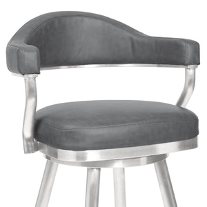 Justin Counter or Barstool in Brushed Stainless Steel and Vintage Grey Faux Leather