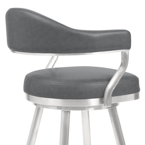 Justin Counter or Barstool in Brushed Stainless Steel and Vintage Grey Faux Leather