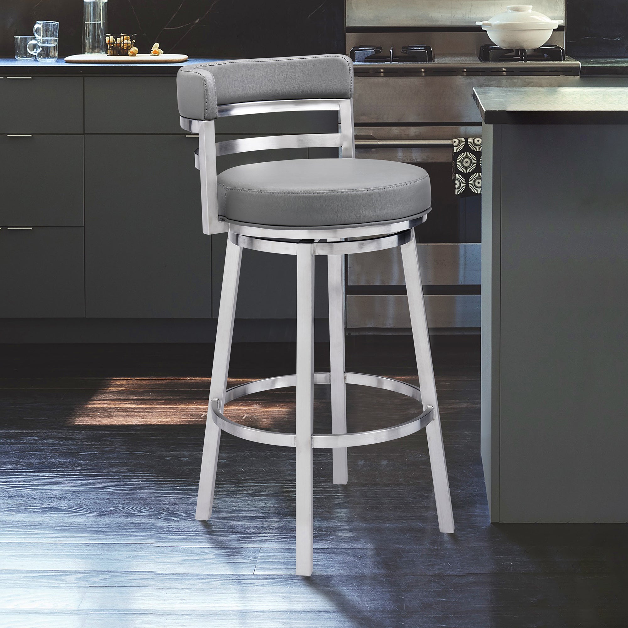 Madrid Contemporary Counter Stool or Barstool in Brushed Stainless Steel Finish and Grey Faux Leather