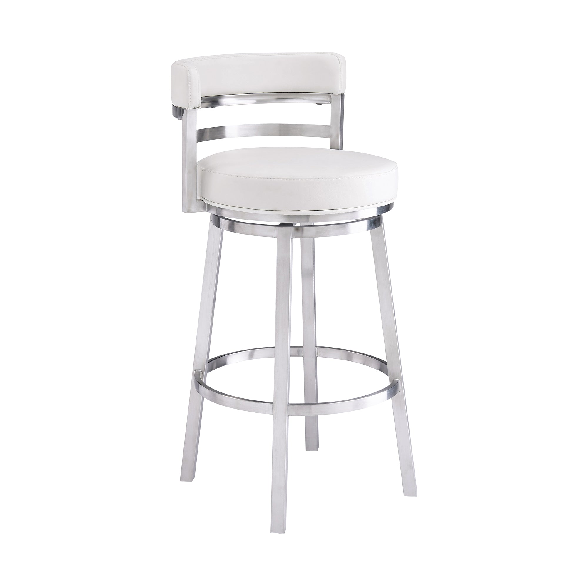Madrid Contemporary Counter Stool or Barstool in Brushed Stainless Steel Finish and White Faux Leather