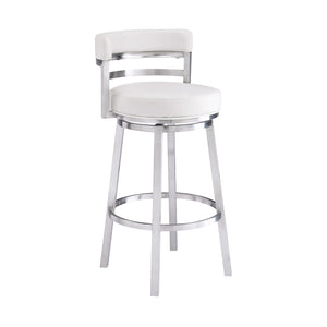 Madrid Contemporary Counter Stool or Barstool in Brushed Stainless Steel Finish and White Faux Leather