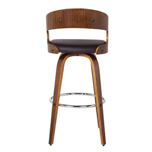 Shelly Swivel Counter Stool or Barstool in Walnut Wood Finish and Brown Faux Leather
