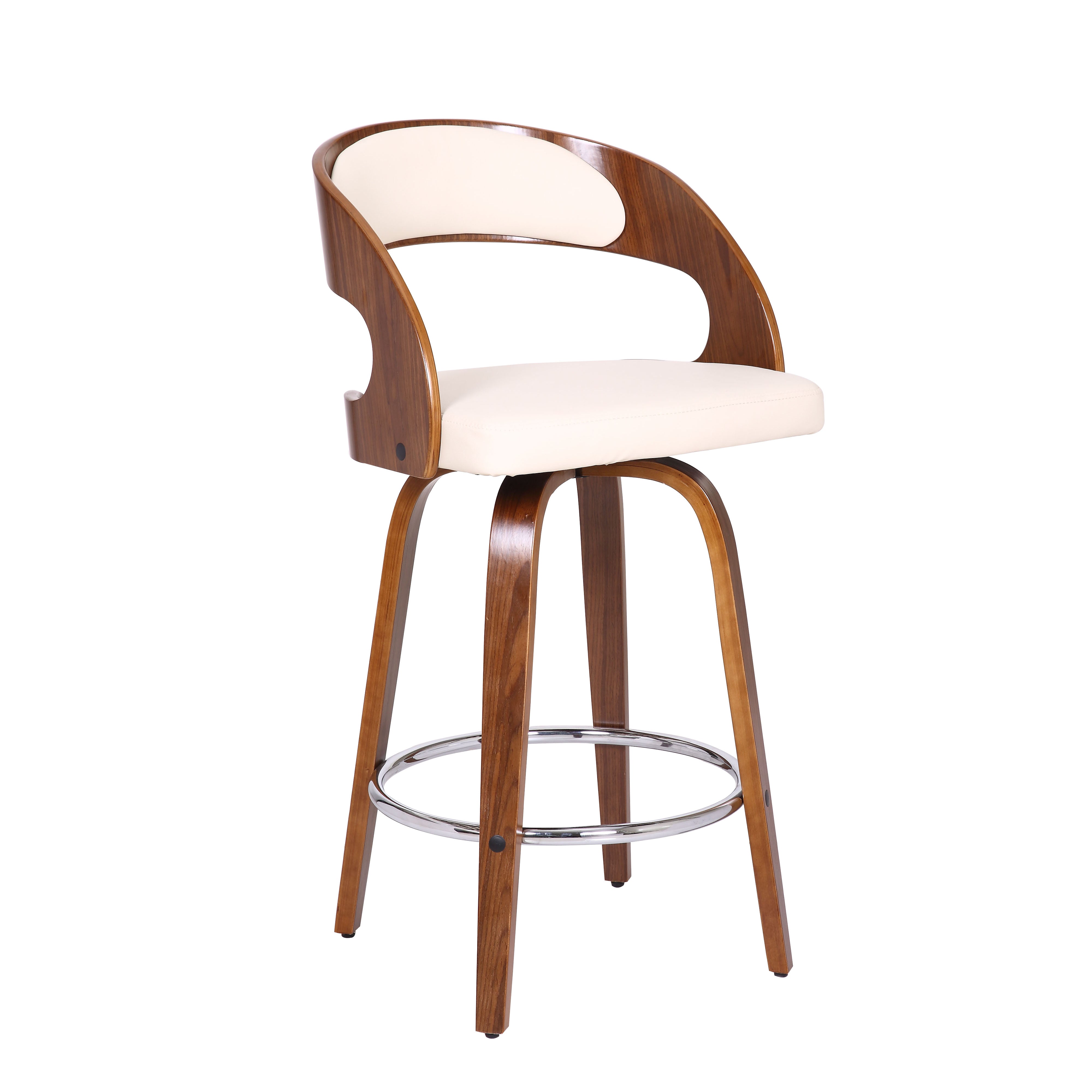 Shelly Contemporary  Barstool Swivel Barstool in Walnut Wood Finish and Cream Faux Leather