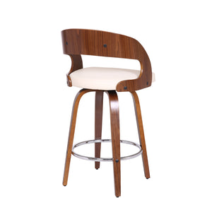 Shelly Contemporary Counter Stool or Barstool Swivel Barstool in Walnut Wood Finish and Cream Faux Leather