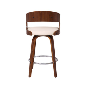 Shelly Contemporary Counter Stool or Barstool Swivel Barstool in Walnut Wood Finish and Cream Faux Leather