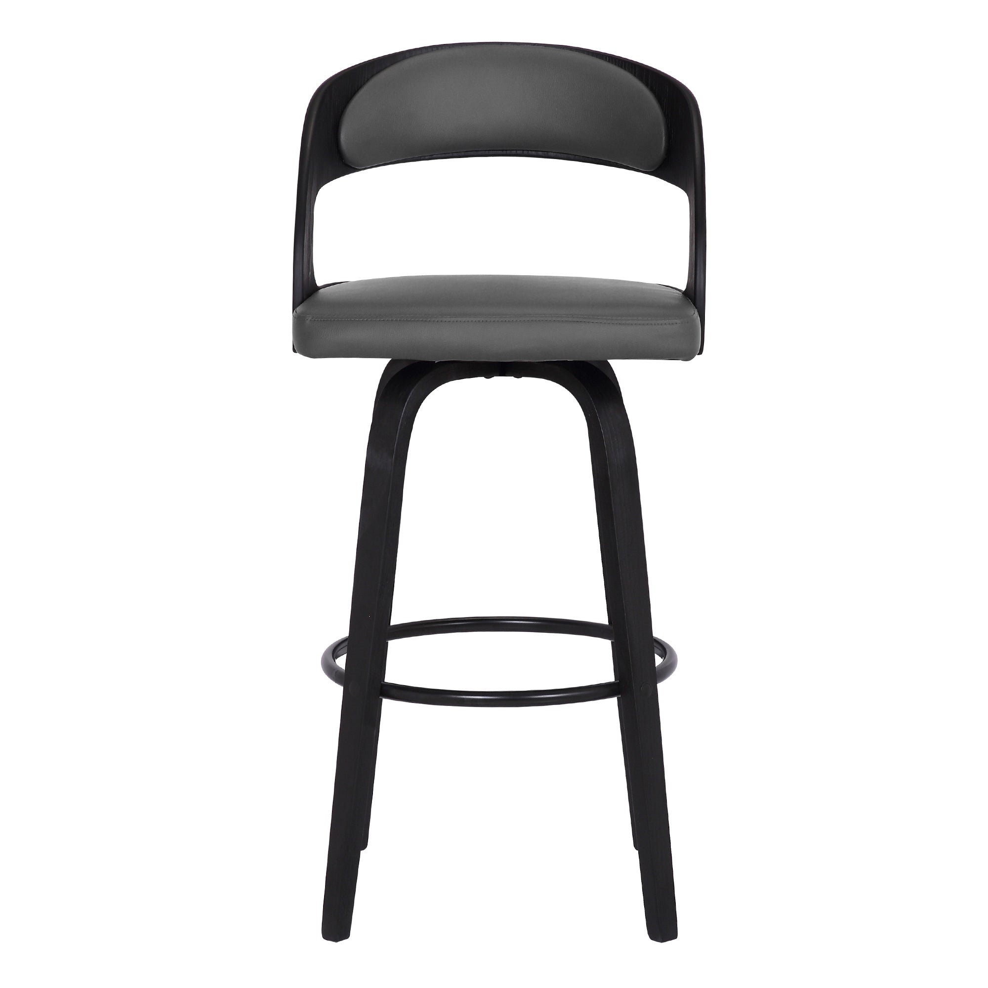 Shelly Contemporary Counter Stool or Barstool Swivel Barstool in Black Brush Wood Finish and Grey Faux Leather