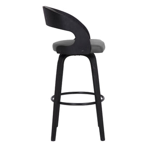 Shelly Contemporary Counter Stool or Barstool Swivel Barstool in Black Brush Wood Finish and Grey Faux Leather
