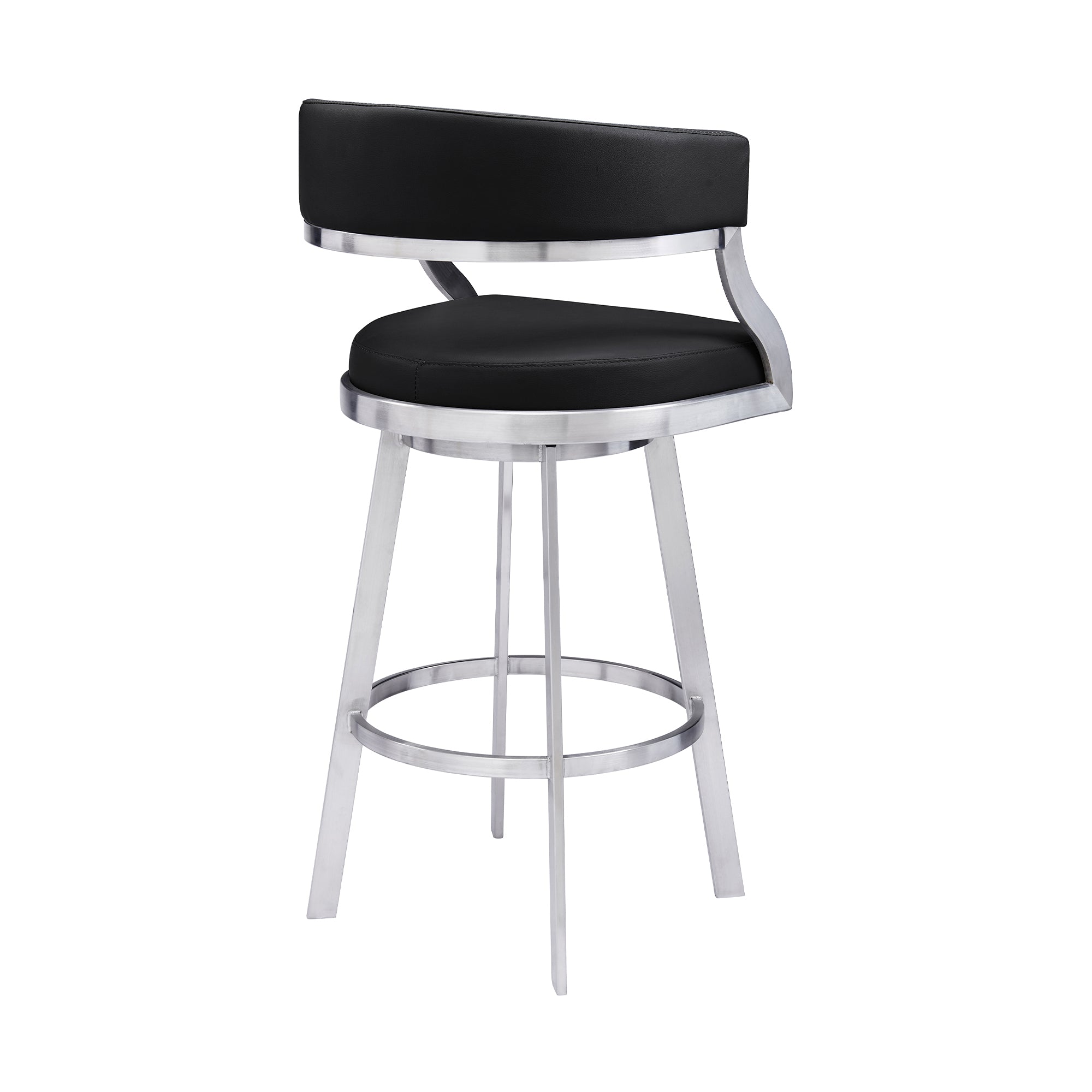 Saturn Contemporary Counter Stool or Barstool in Brushed Stainless Steel Finish and Black Faux Leather