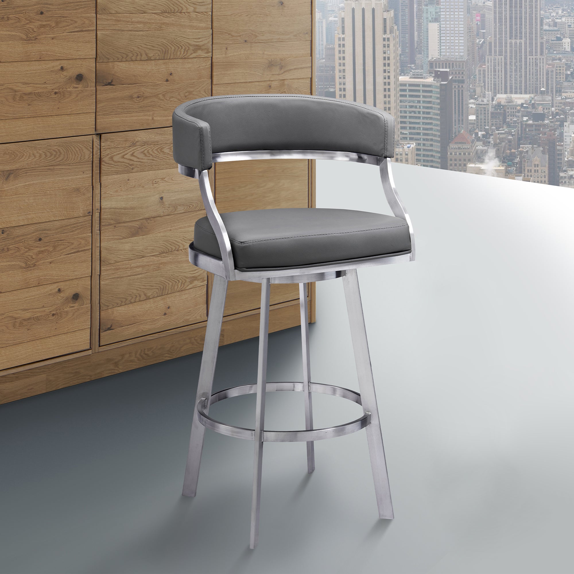 Saturn Contemporary Counter Stool or Barstool in Brushed Stainless Steel Finish and Grey Faux Leather