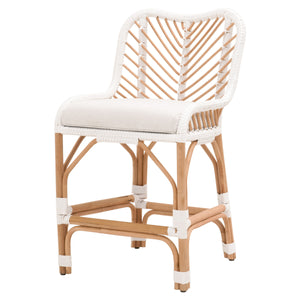 Laguna Counter Stool in White Synthetic Binding, White Speckle Fabric, Natural Rattan