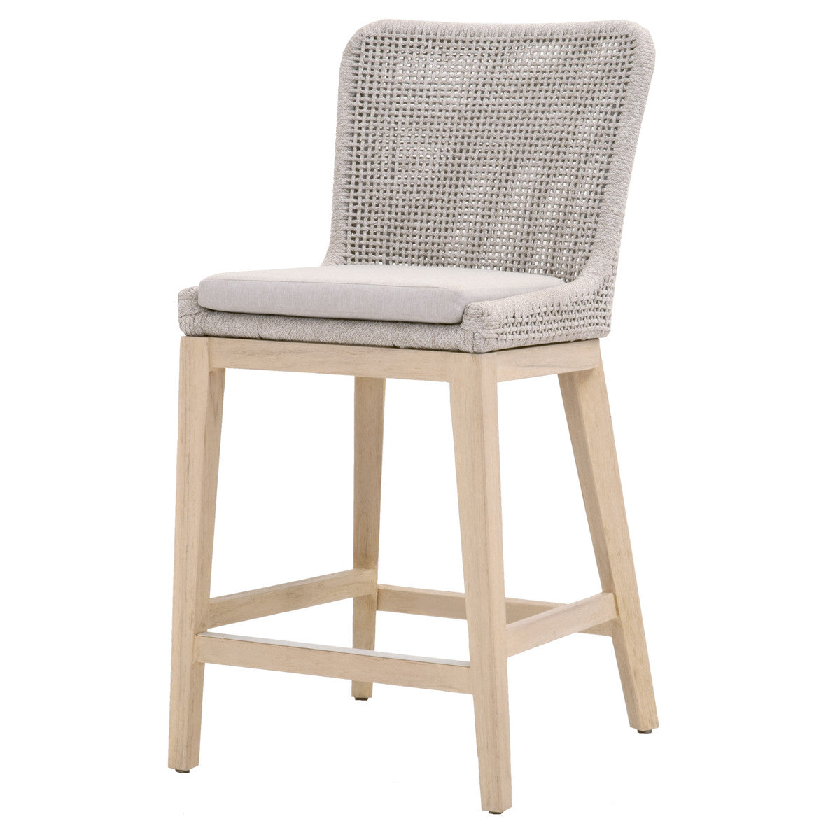 Mesh Outdoor Counter Stool in Taupe & White Flat Rope, Gray Teak, Pumice